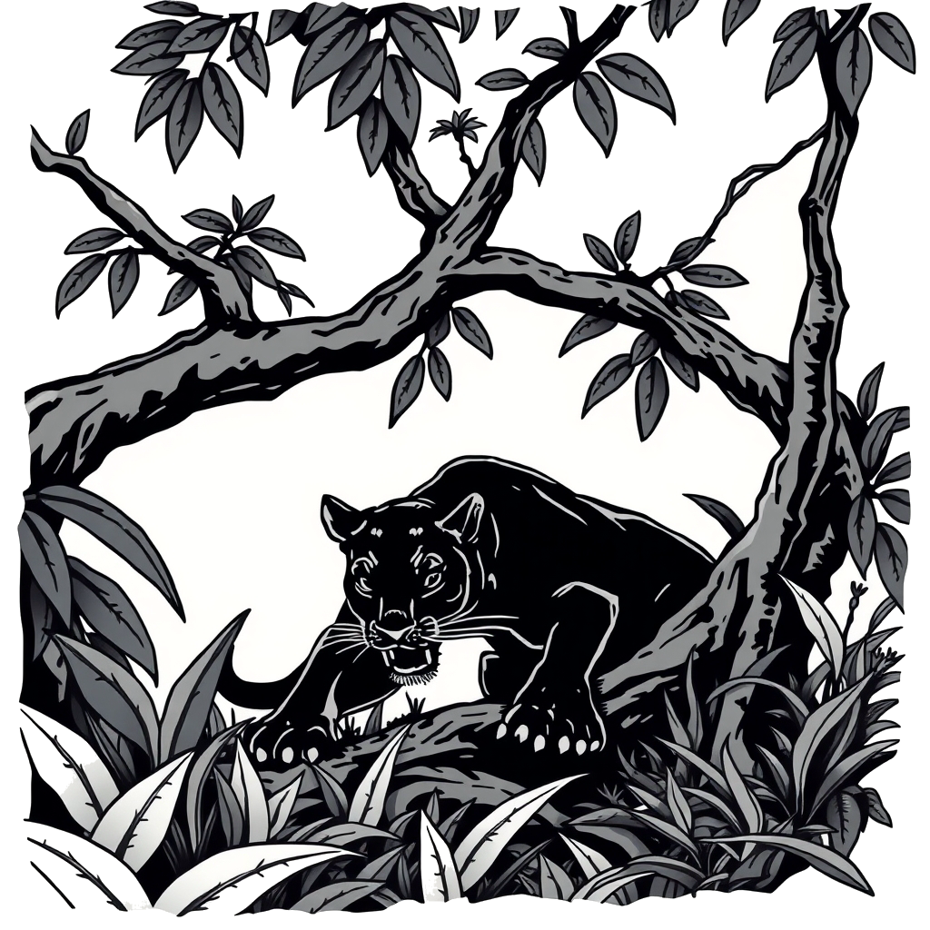 Black panther crawling in jungle undergrowth