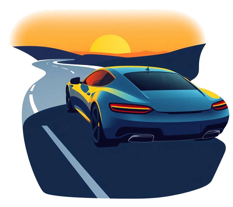 A blue and yellow car driving on a winding road at sunset.