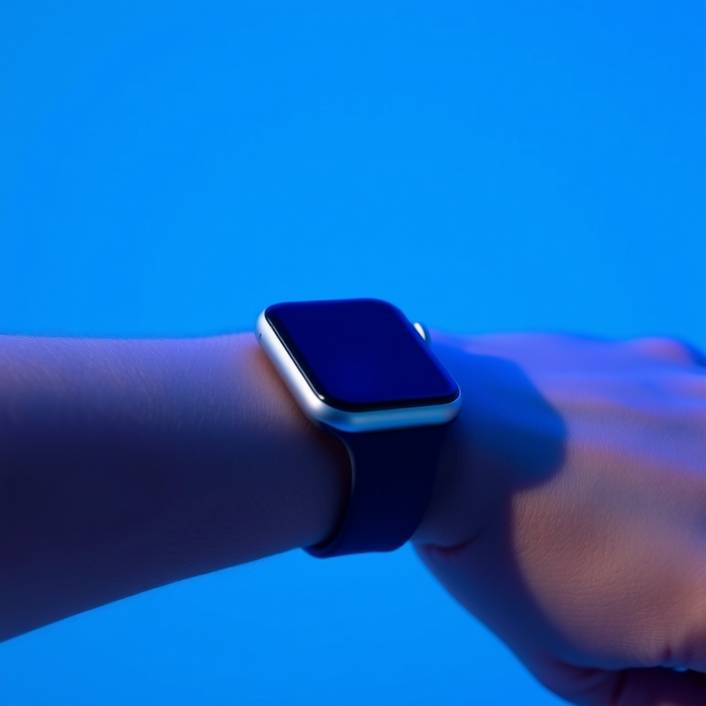 A close-up of a smartwatch on a wrist with a blue tone and minimalist background.