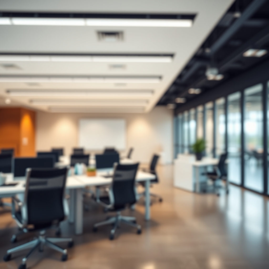 Blurred office background with desks and chairs