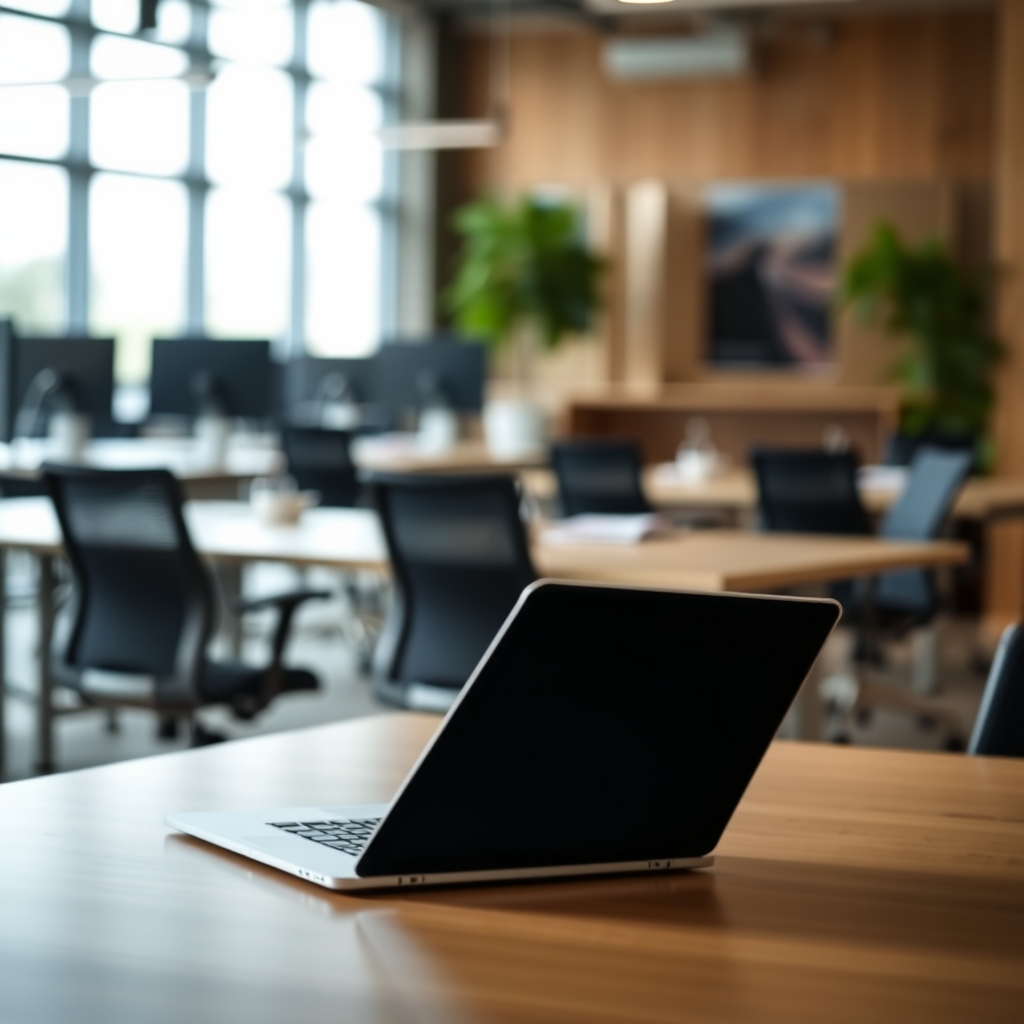 Blurred Office Background with Natural Light and a Close-up of a Desk with a Laptop