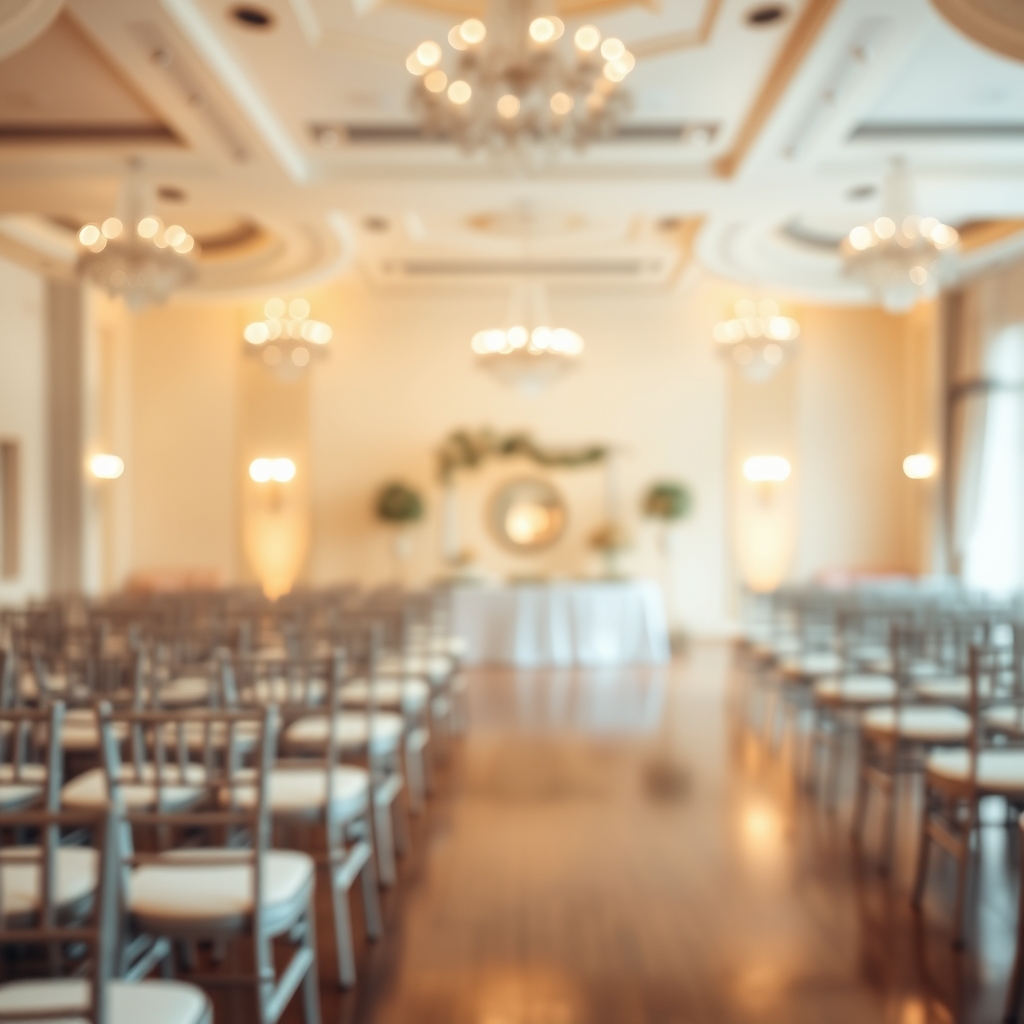 Blurred Wedding Hall with Elegant Decor and Empty Chairs