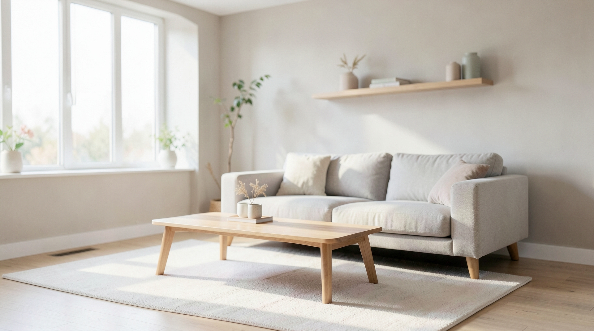 Bright living room with minimalist Scandinavian furniture