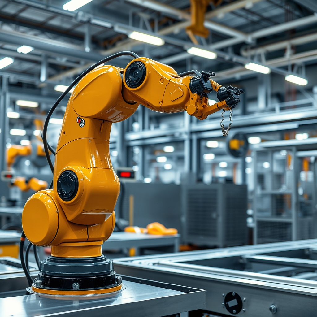 A robot arm in a bright and modern factory with metallic surfaces.