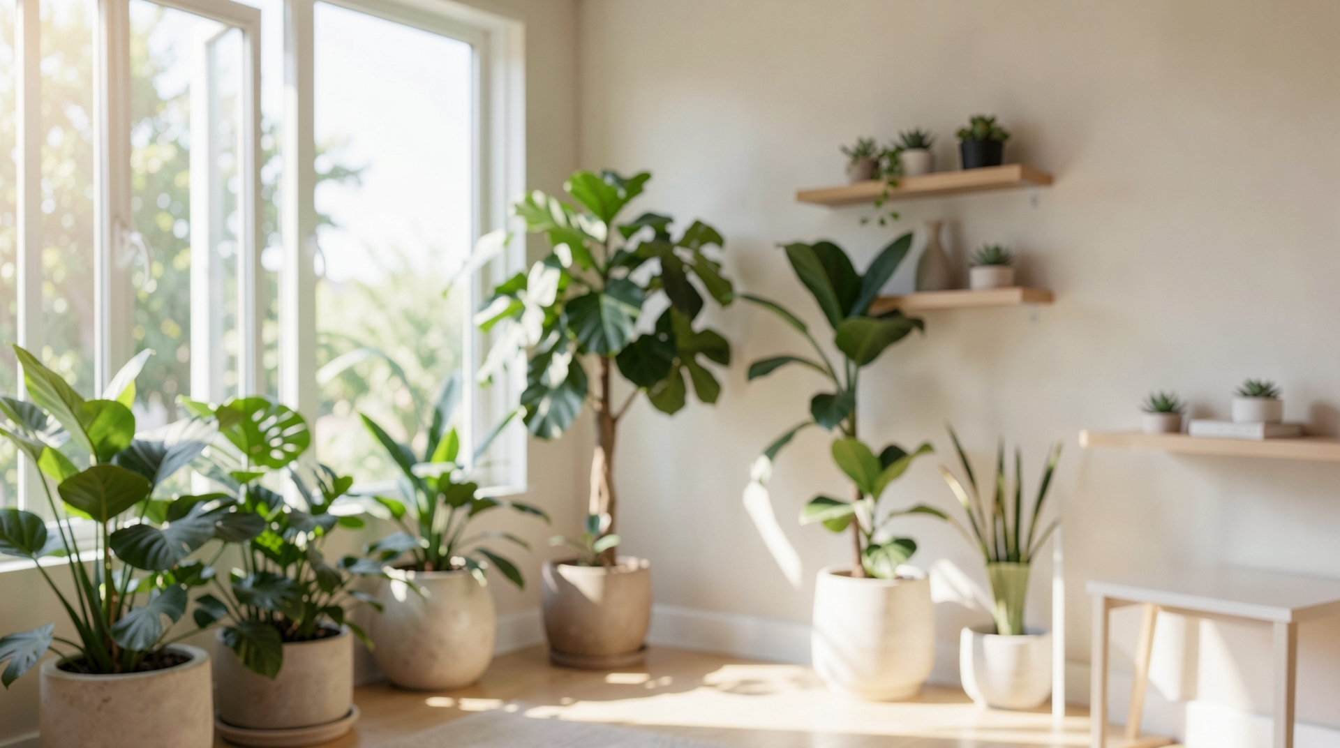 Bright sunroom with lush green plants
