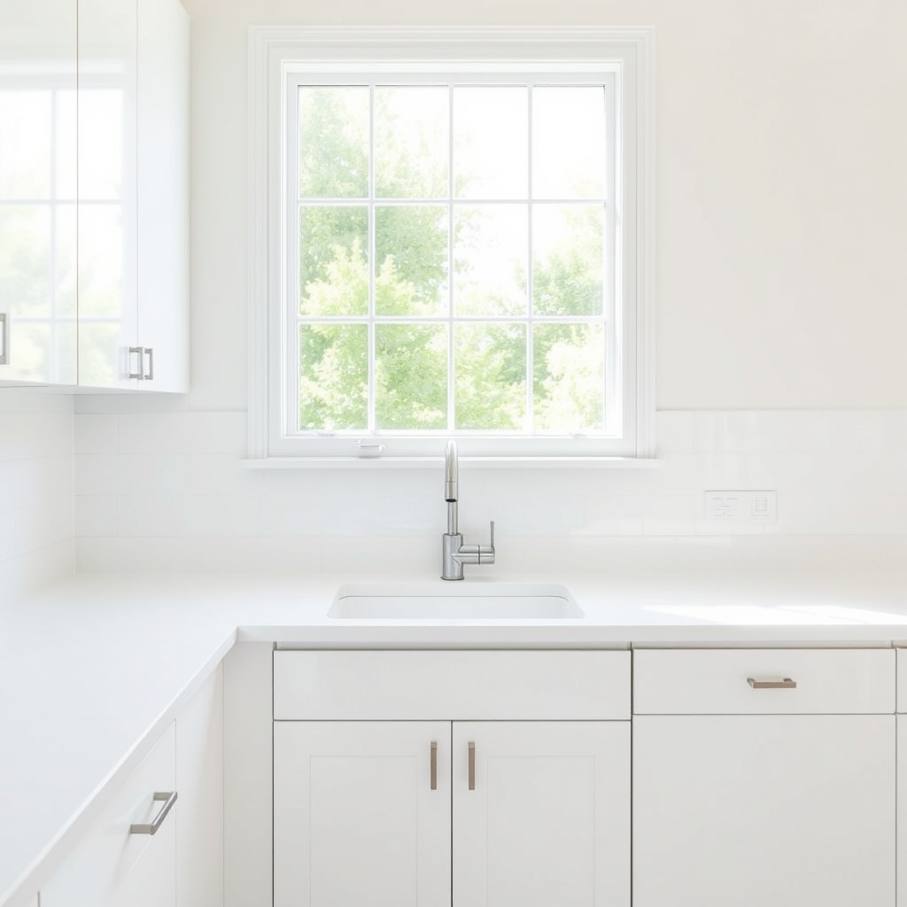A bright white kitchen with a large window above a sink, bathed in bright daylight, and featuring empty countertops and a simple composition.