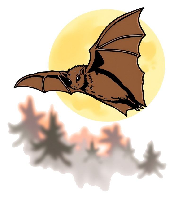 A brown bat in flight at sunset, warm lighting, against a blurred forest background.