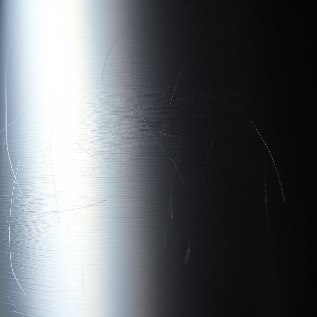 Close-up of brushed metal surface with soft lighting and scratches.