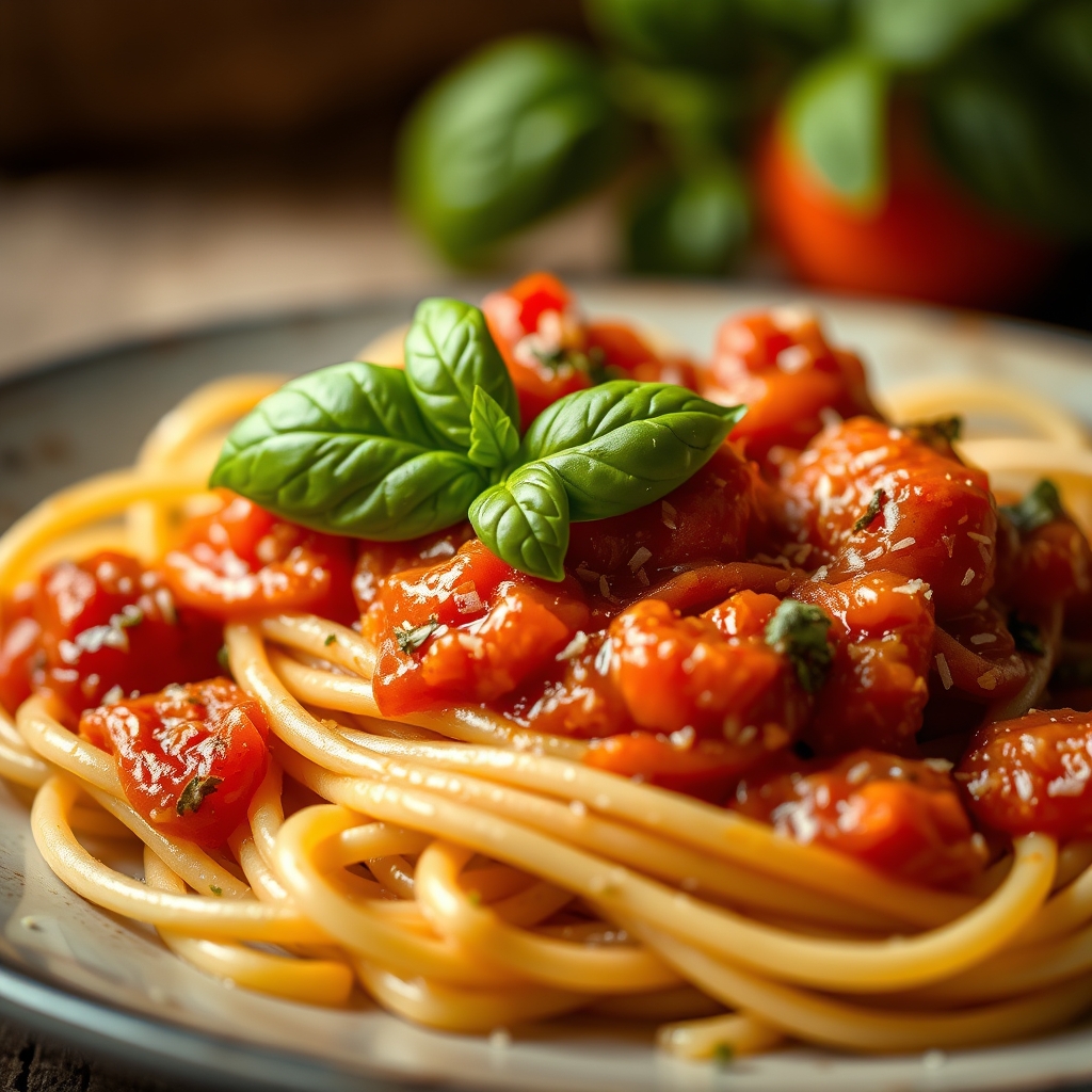 A close-up shot of a plate of bucatini pasta covered in a rich tomato sauce and garnished with fresh basil leaves, set against a warm and rustic backg