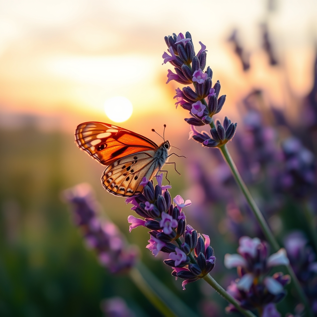 A butterfly on lavender flowers at sunset