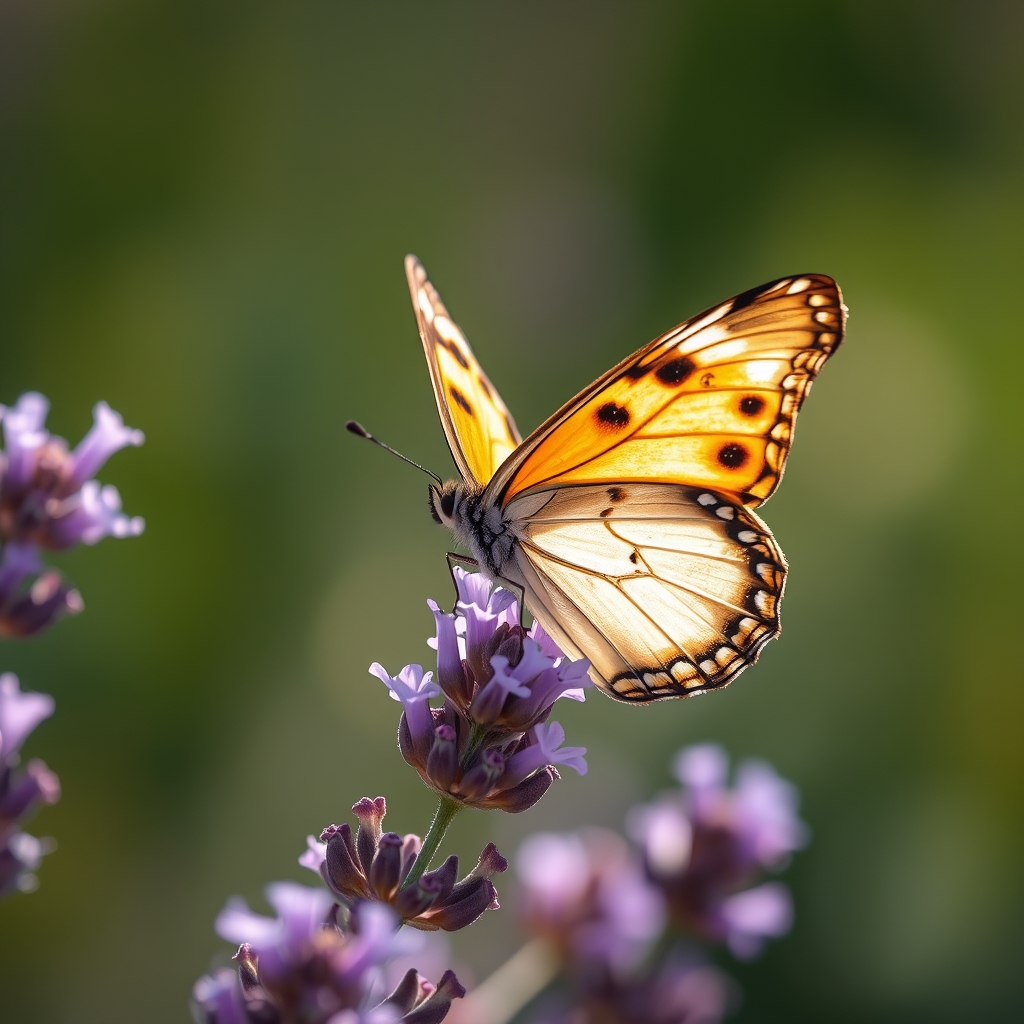 A butterfly on a lavender flower, with soft pastel colors and natural light.