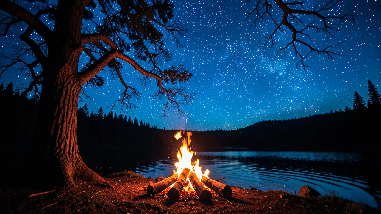 Campfire by the Lake at Sunset