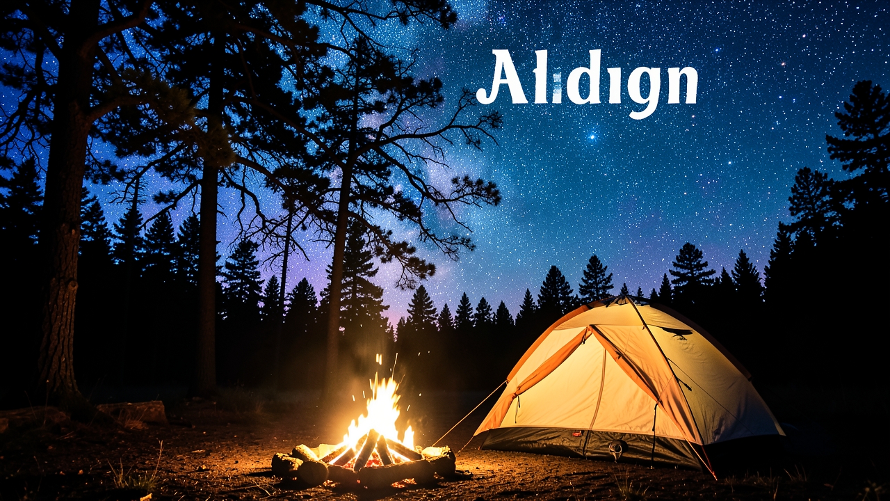 Camping Under a Starry Night Sky: A tent is lit up in the dark forest, surrounded by a campfire and silhouetted trees under a starry sky.