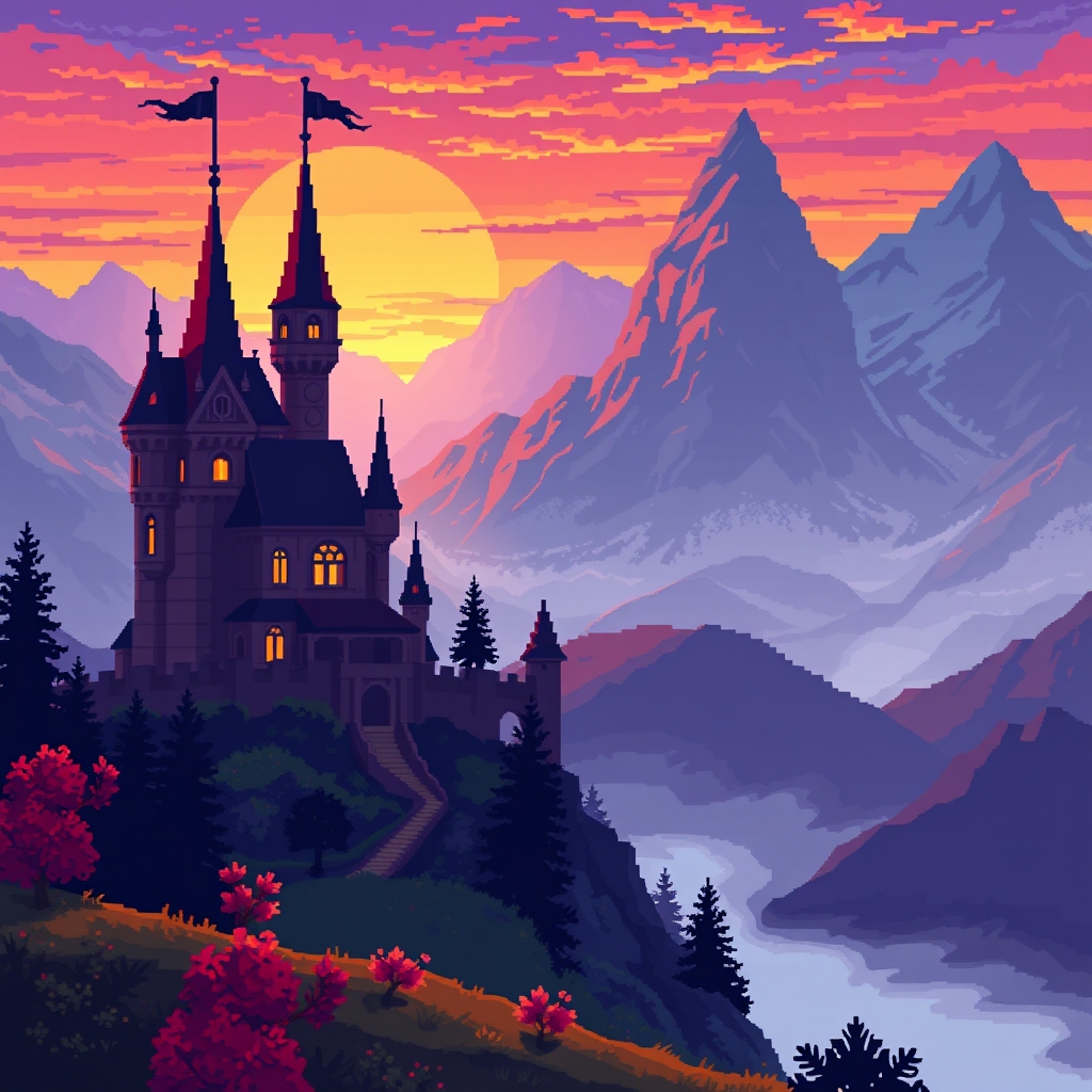 A castle at dawn with misty mountains in the background, created in stylized pixel art with vibrant colors.