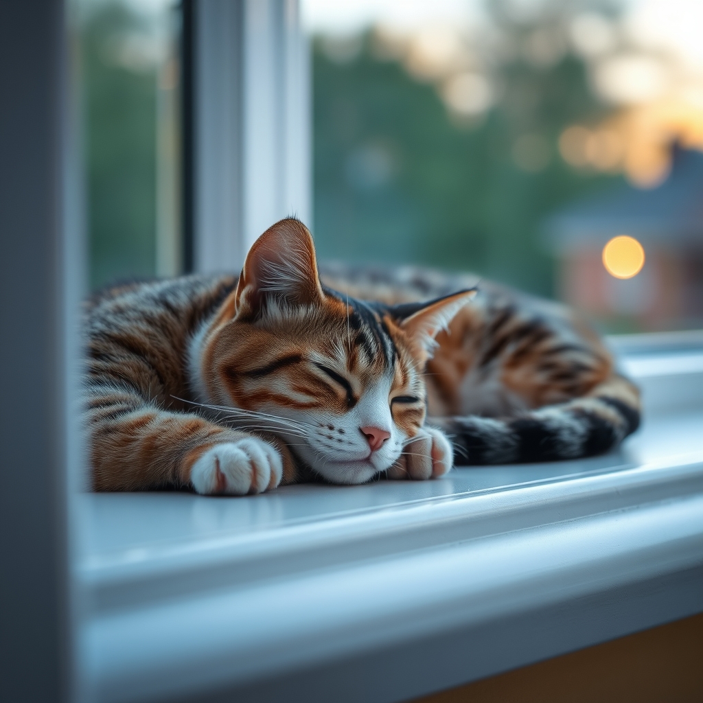 Cat on a Windowsill at Dusk