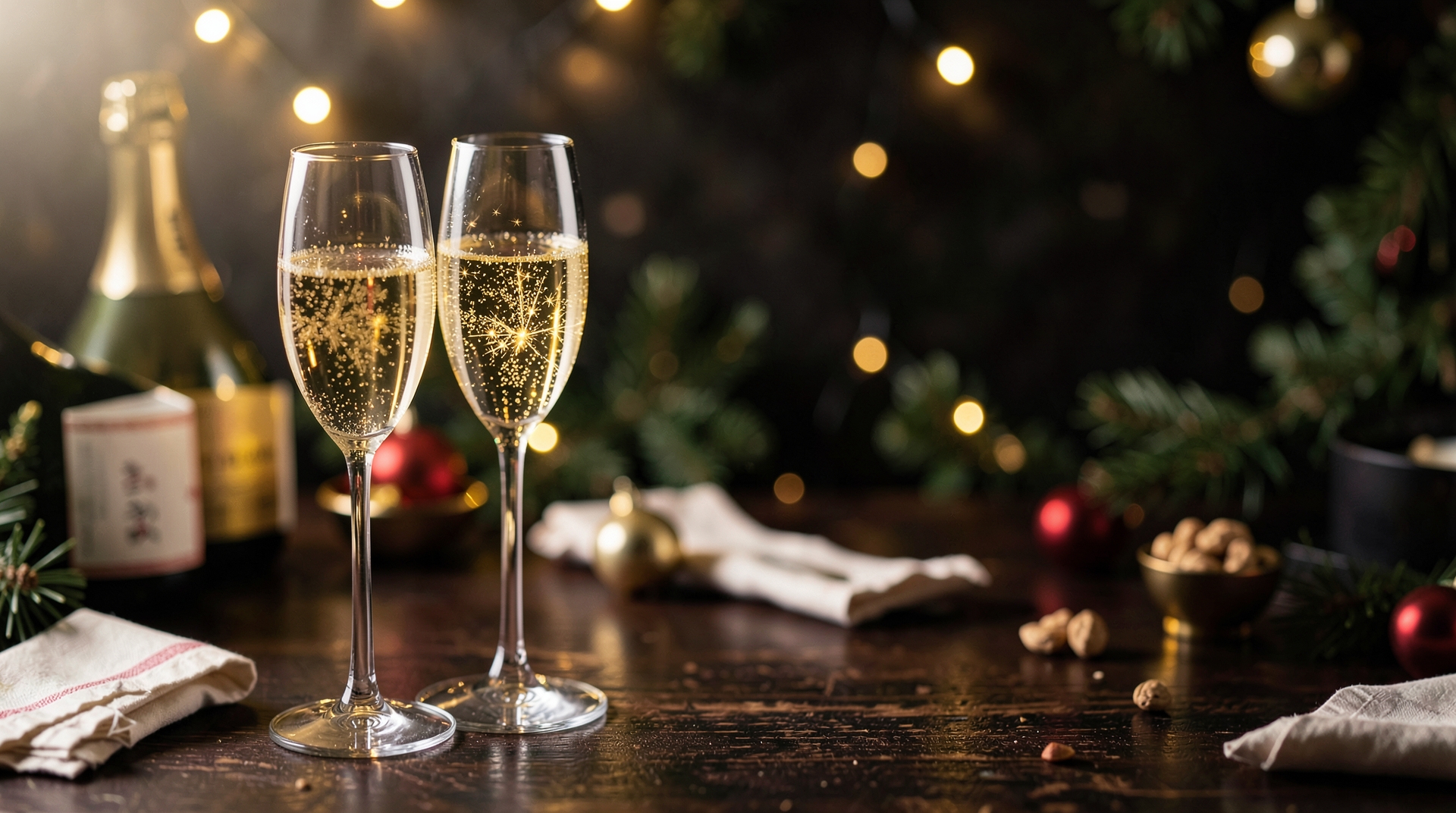 Champagne Flutes on a Festive Table with Christmas Tree