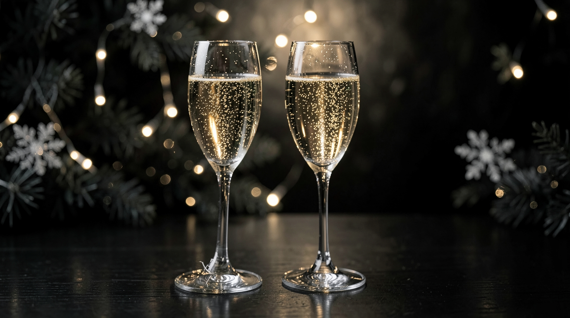 Two champagne glasses with sparkles on a dark table, set against a seasonal holiday background with soft lighting and an elegant composition.