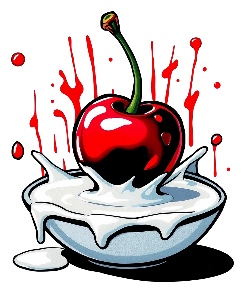 A cherry splashing into a bowl of milk, with vibrant neon colors and thick black outlines.