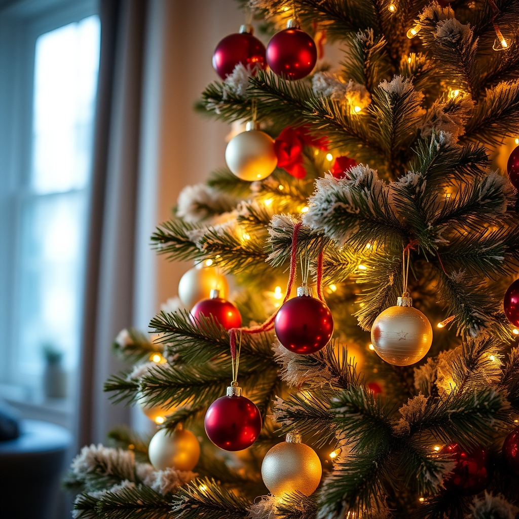 A Christmas tree decorated with ornaments and warm lights in a cozy room, with the lights reflecting on the ornaments.
