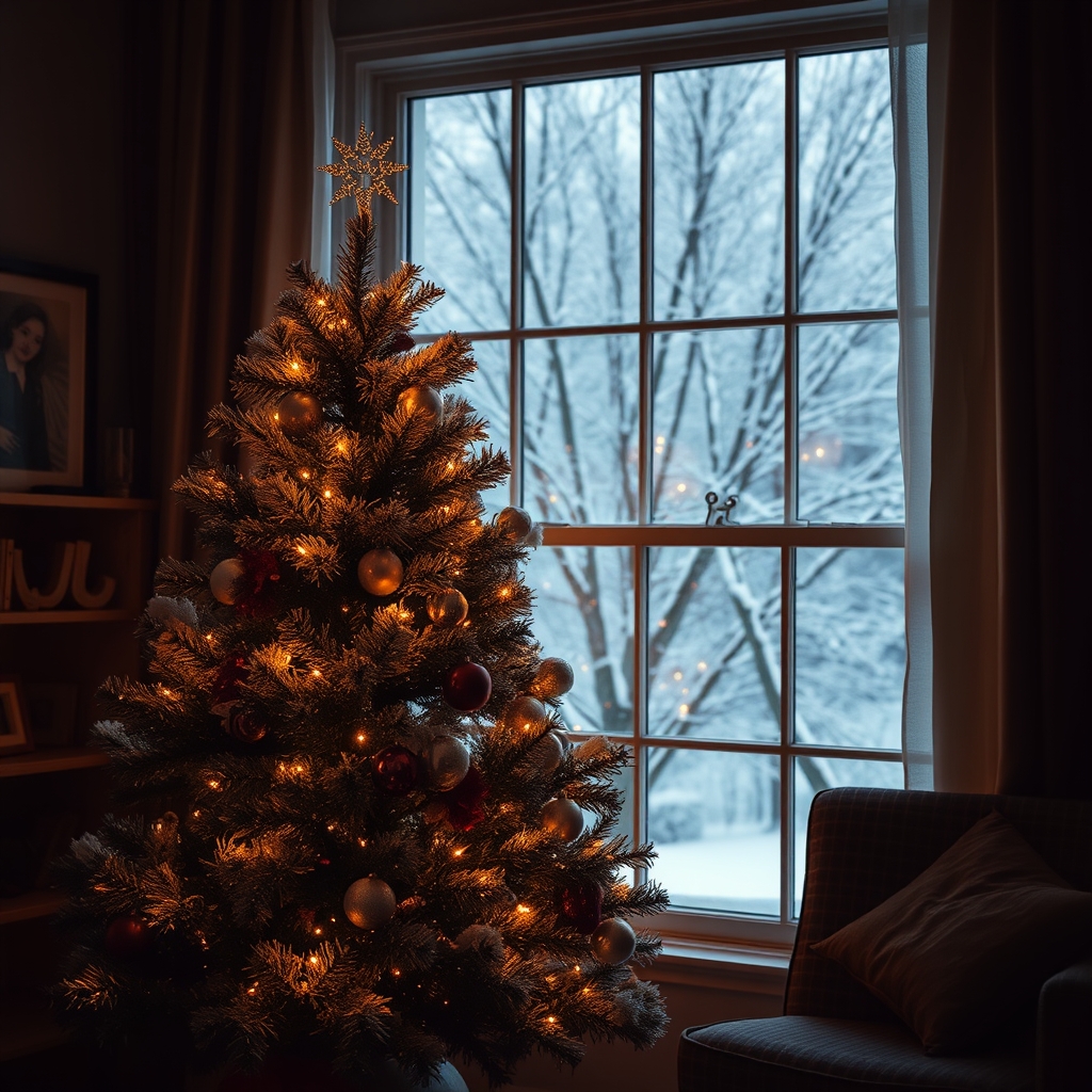 Christmas tree with warm lights in a cozy room
