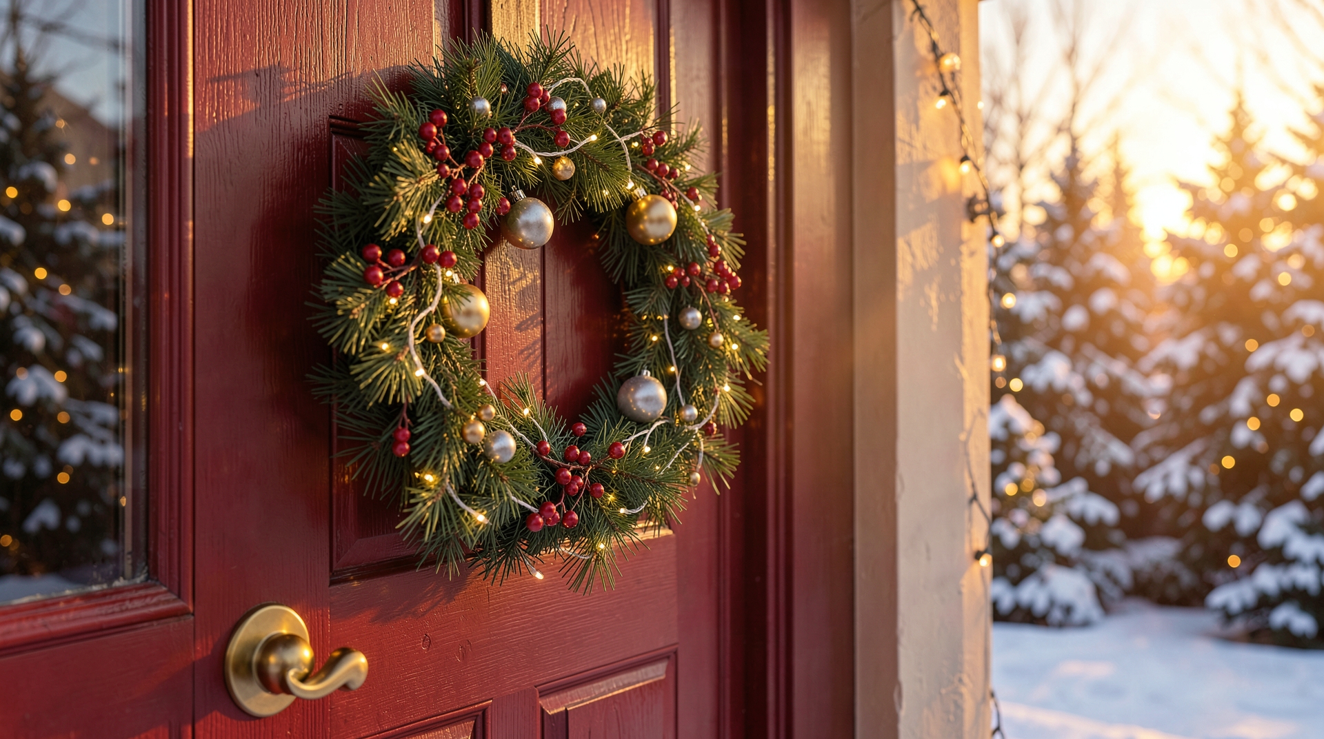 Christmas wreath on a red door at sunset.