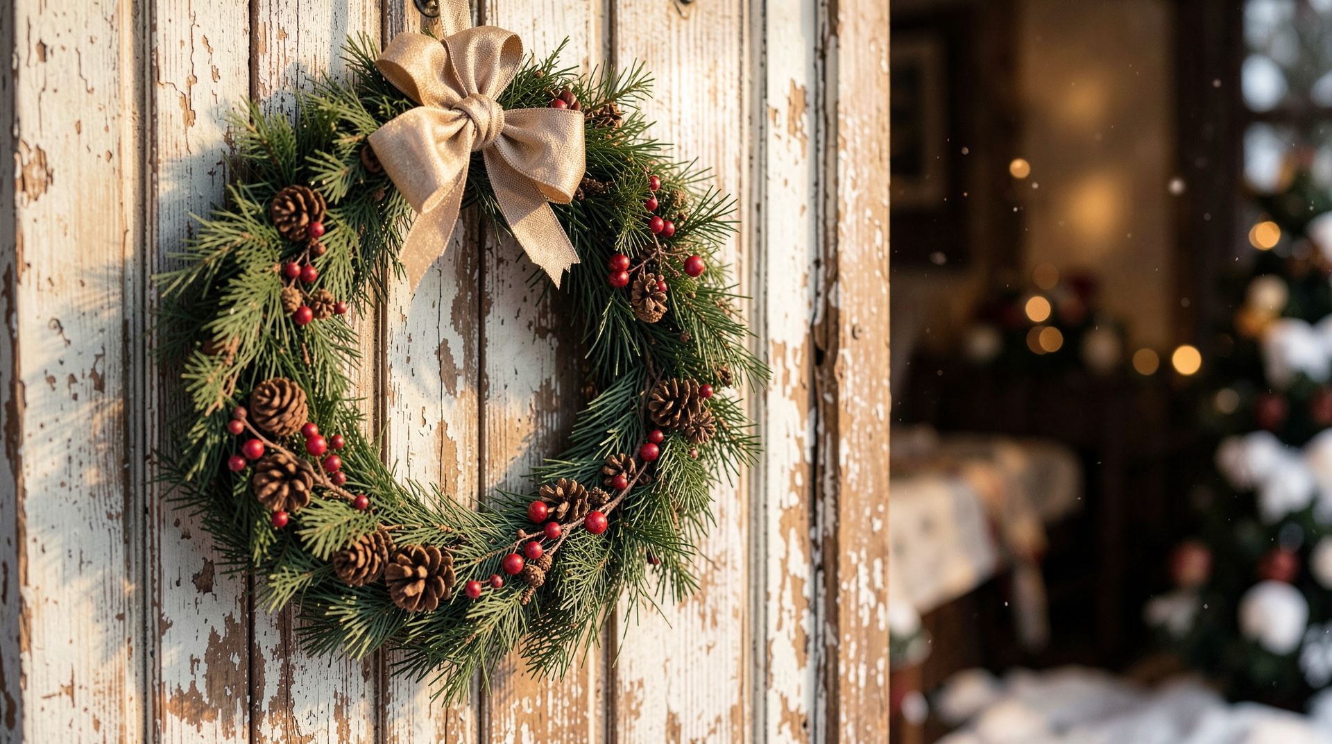 A Christmas wreath hangs on a weathered wooden door, adorned with pine branches, red berries, and pine cones.