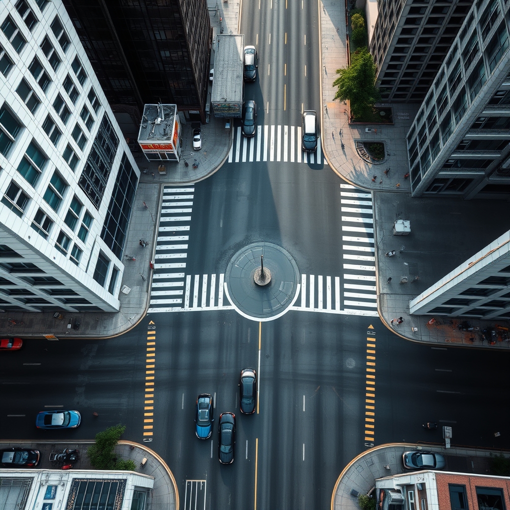 Aerial view of a city intersection with cars and buildings, highlighting the urban landscape.