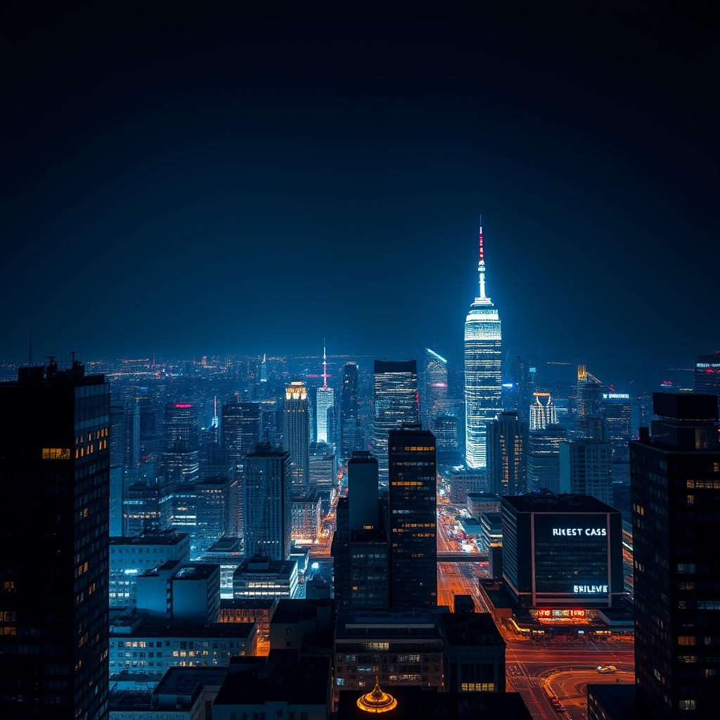 City Skyline at Night with Neon Lights and High-Rise Buildings