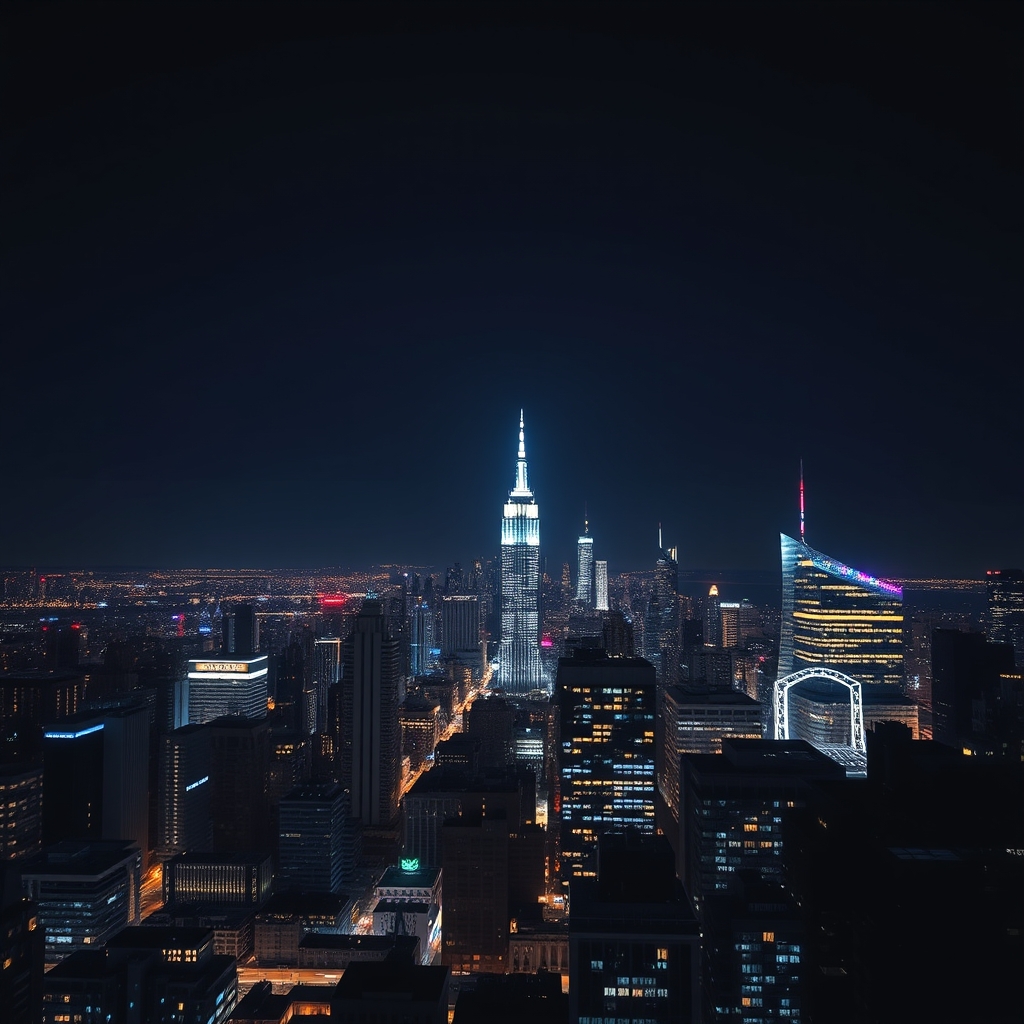 City skyline at night with neon lights