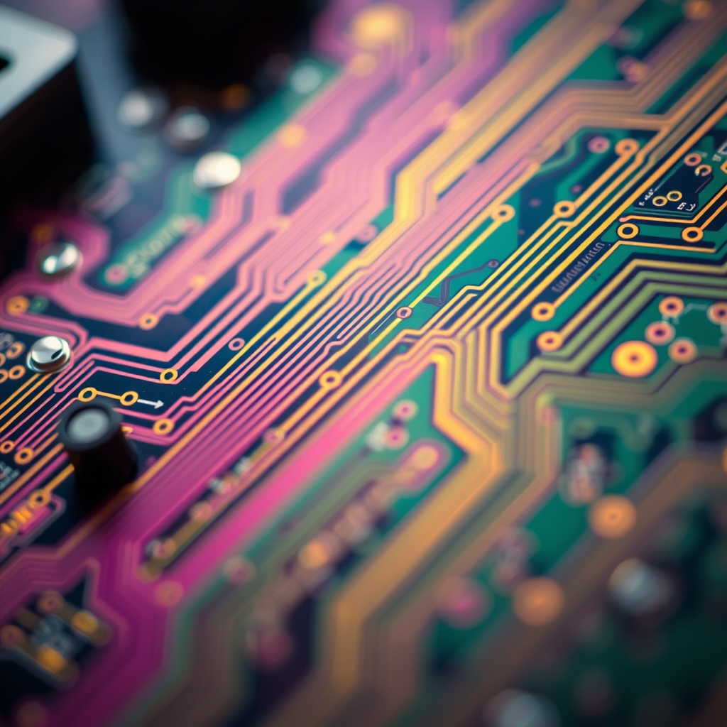 Close-up of a colorful circuit board with intricate patterns and soft lighting.