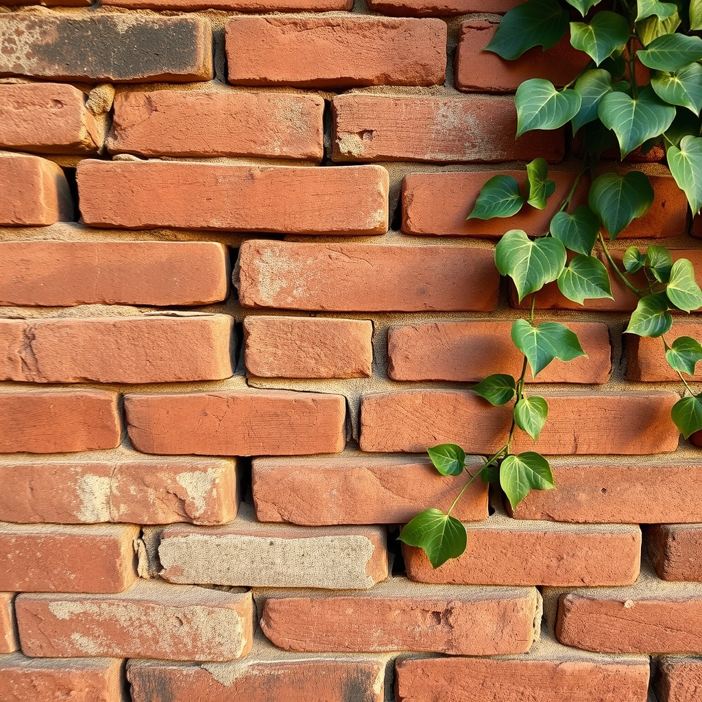 Close-up of a worn brick wall with warm lighting and ivy growth.