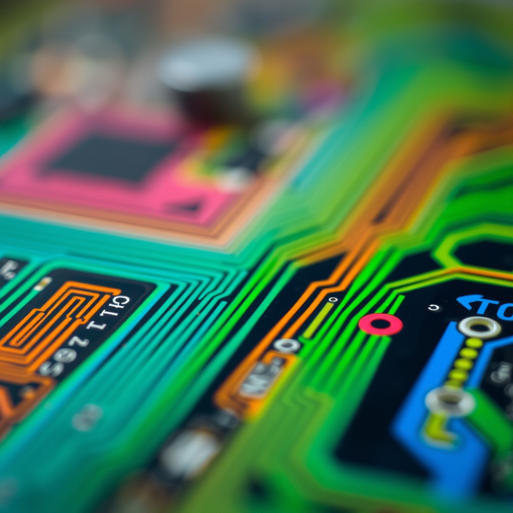Close-up of Colorful Circuit Board with Intricate Patterns