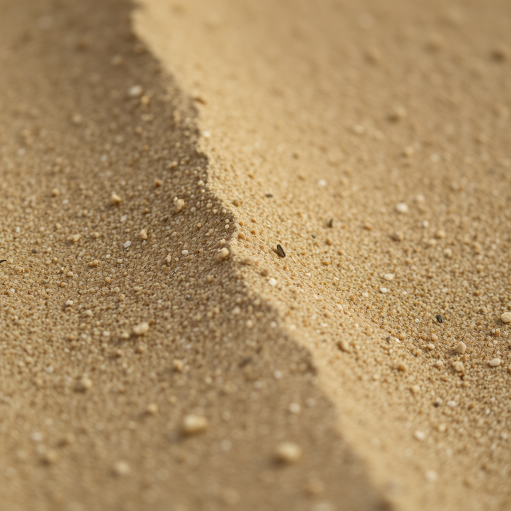 A close-up of coarse sand with soft natural lighting, highlighting its texture and grainy composition.