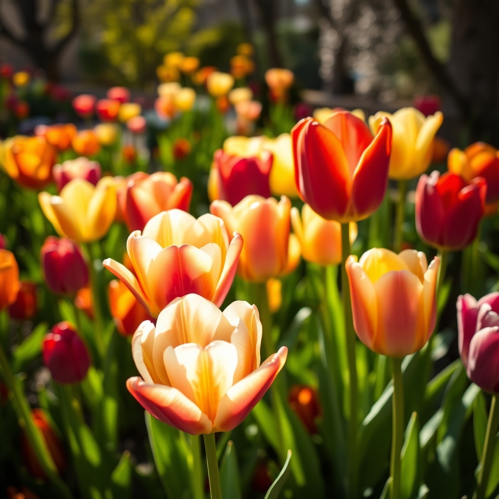 Close-up of Vibrant Spring Tulips in a Lush Garden