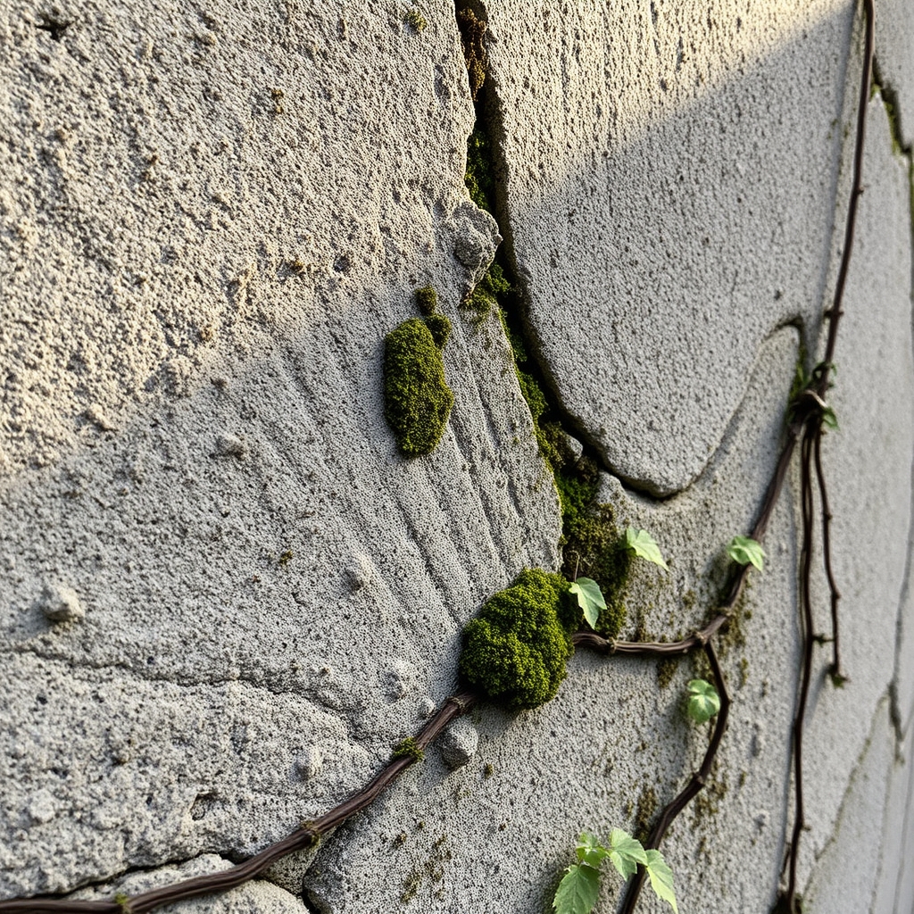 Close-up of weathered concrete wall with moss and vines.
