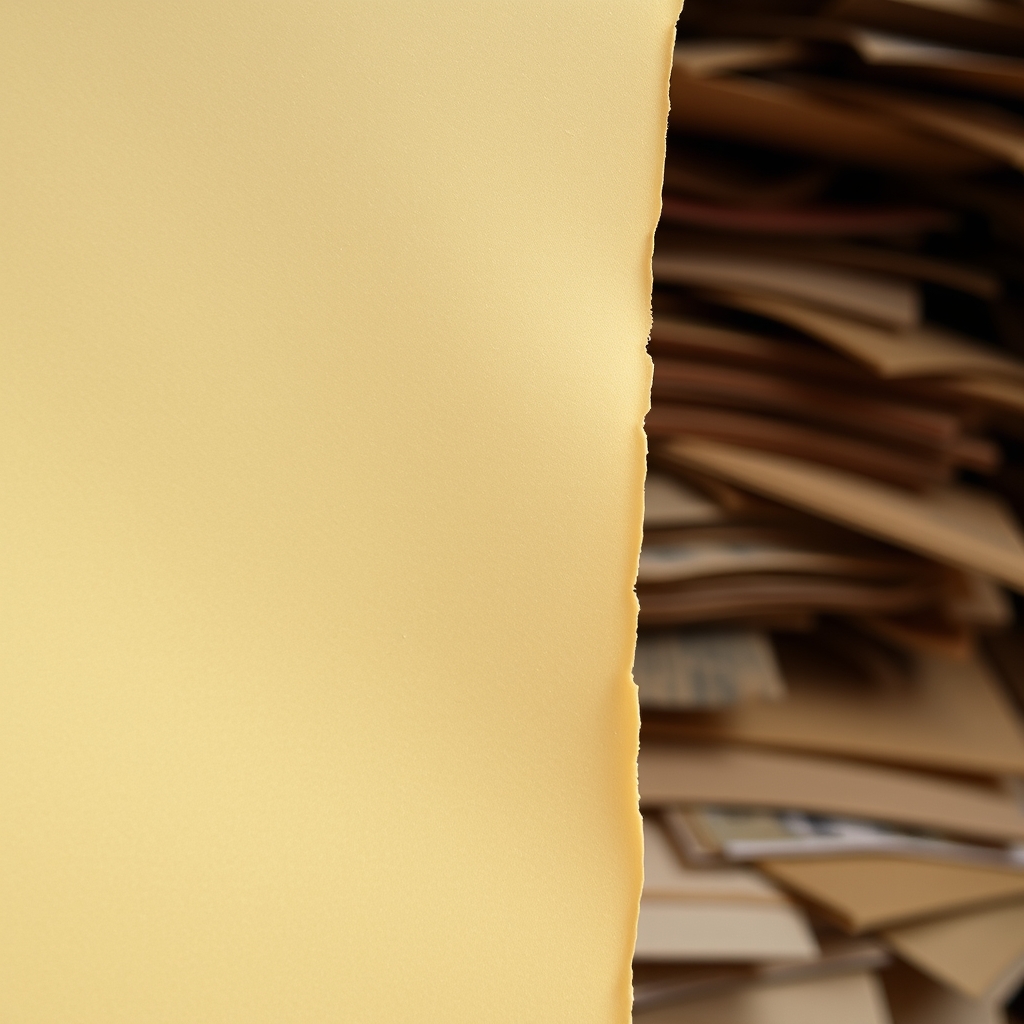 Close-up of Worn, Yellowed Paper with Subtle Tears and Creases, Soft Natural Light, Earthy Tones, Pile of Old Papers in Attic