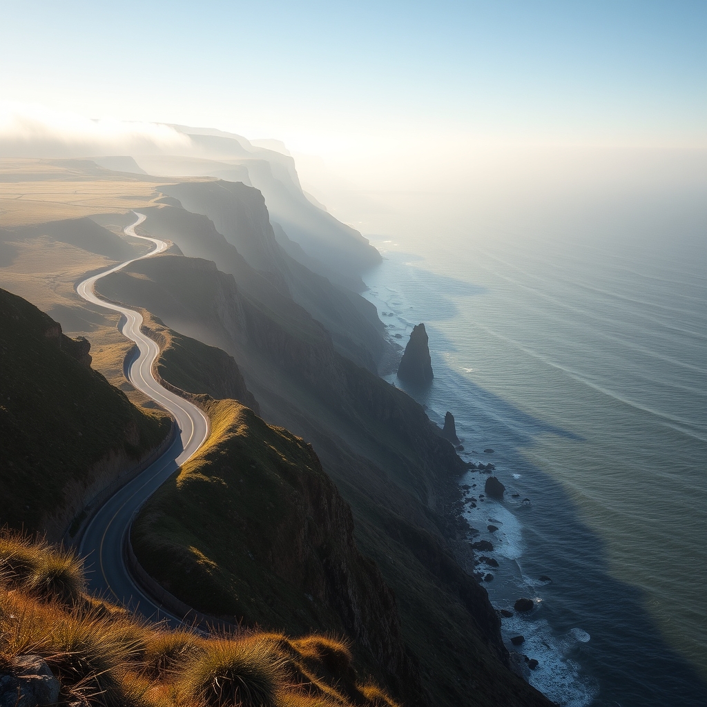 Coastal Road at Dawn Mist, Cliffs and Road, Ocean View, Sunny Afternoon, Misty Morning