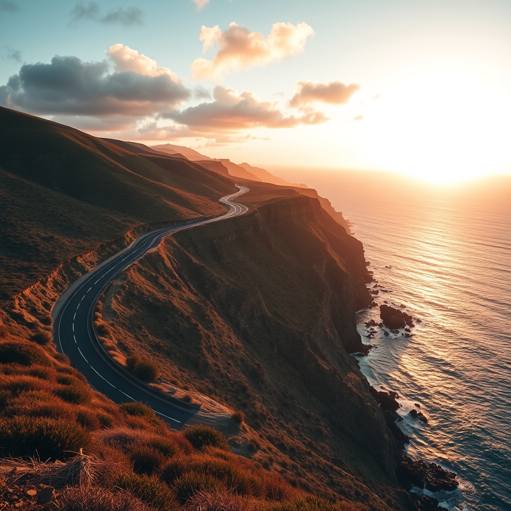 A coastal road winds along cliffs, offering a vast ocean view, captured in a wide shot during a dramatic sunset.