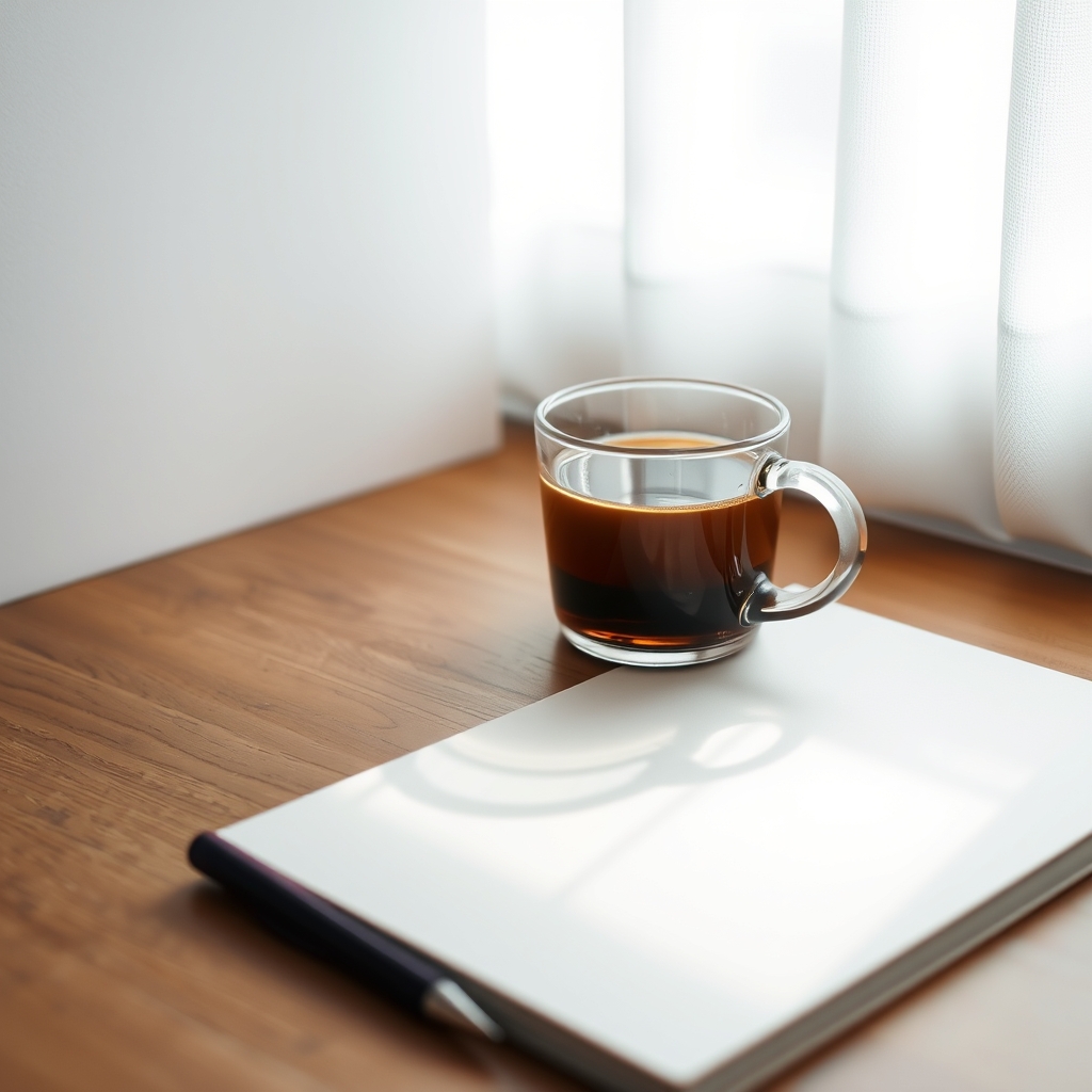 A glass mug of coffee on a white notebook by the window, bathed in natural light.