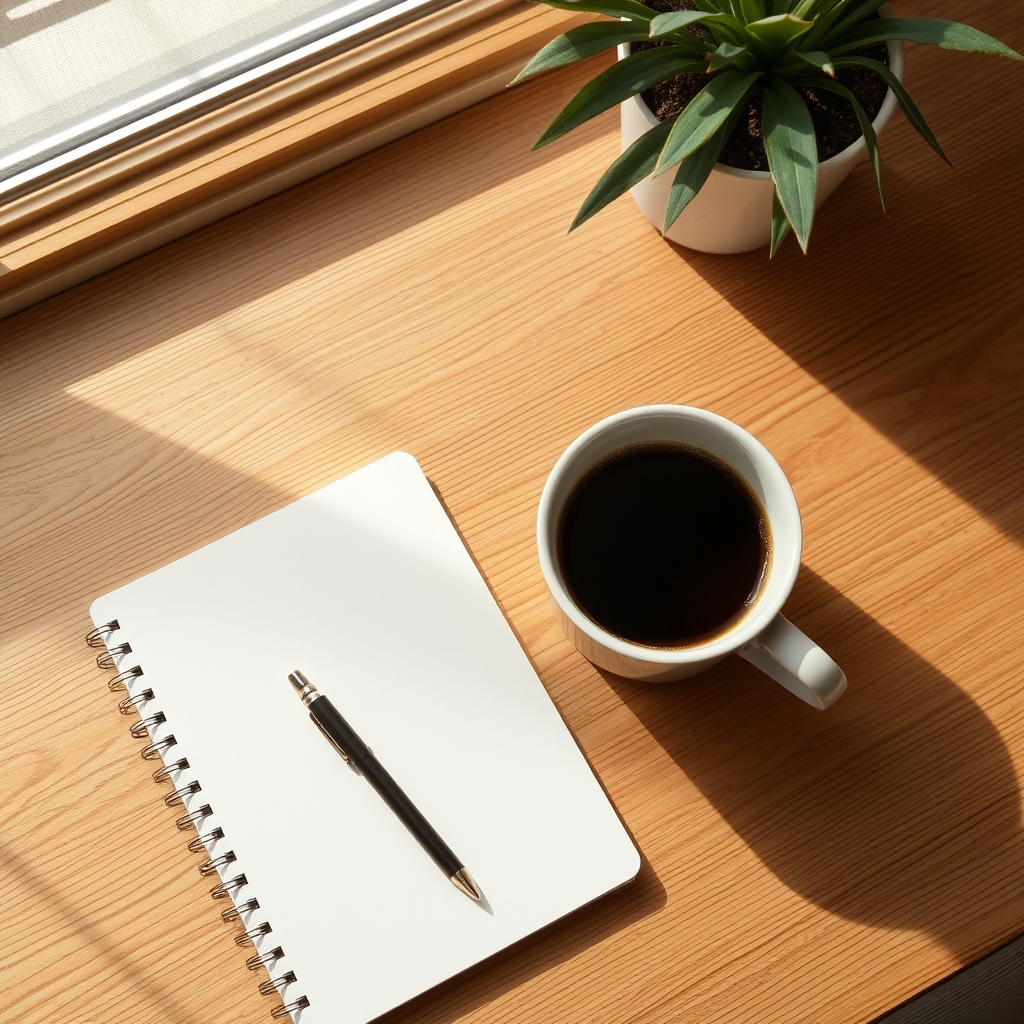 A coffee cup and notebook on a wooden desk, illuminated by natural light.