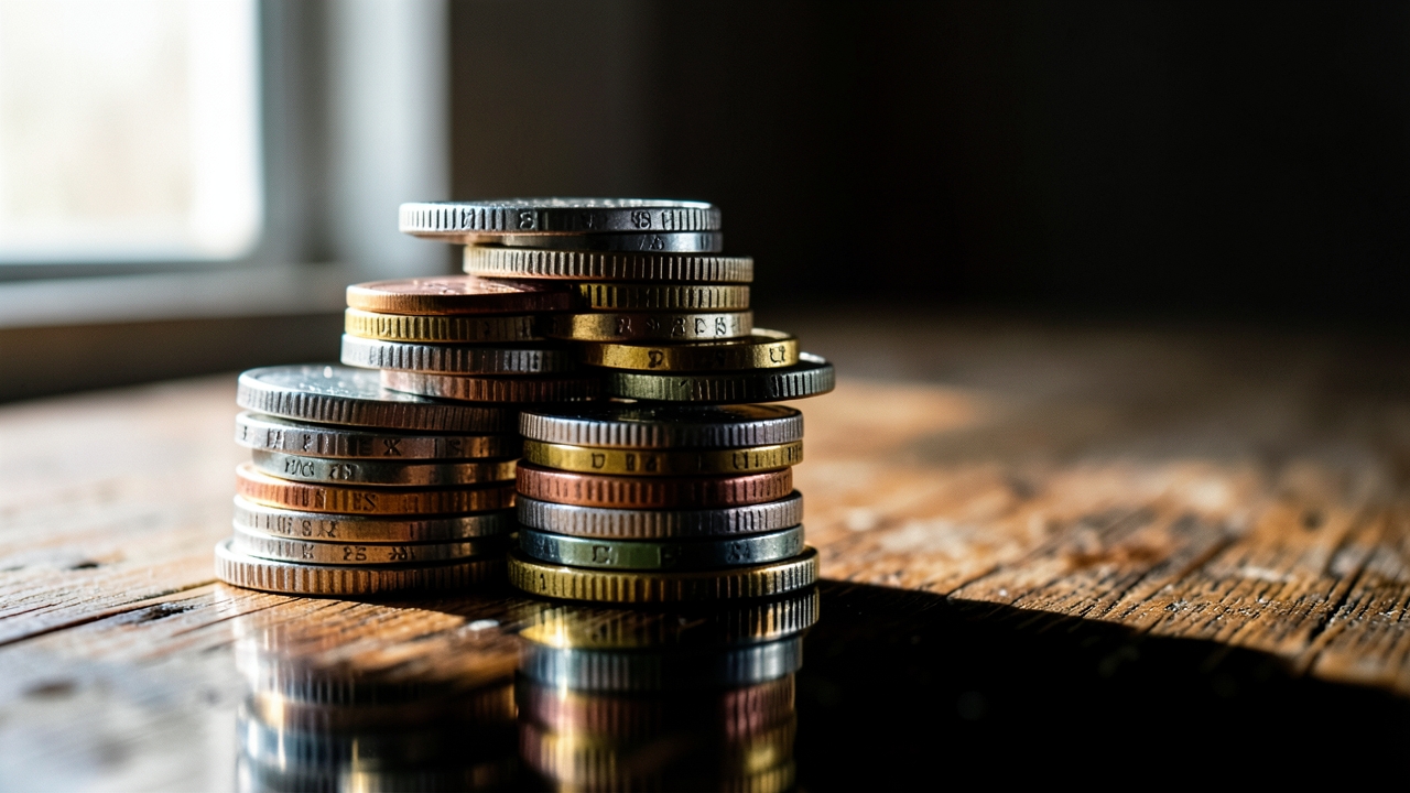 Coins stacked on a wooden table