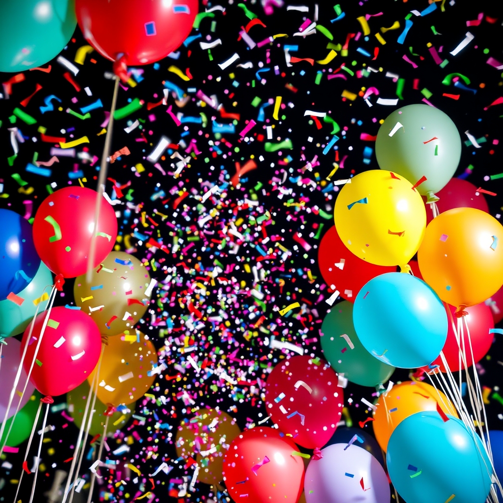 Vibrant Party Scene with Balloons and Confetti at Night