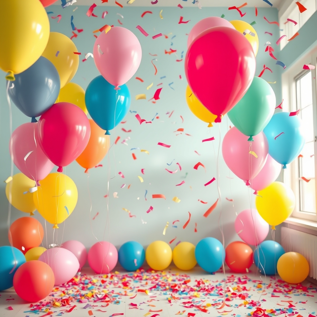 A room with colorful balloons and confetti, bathed in soft pastel colors at dawn.