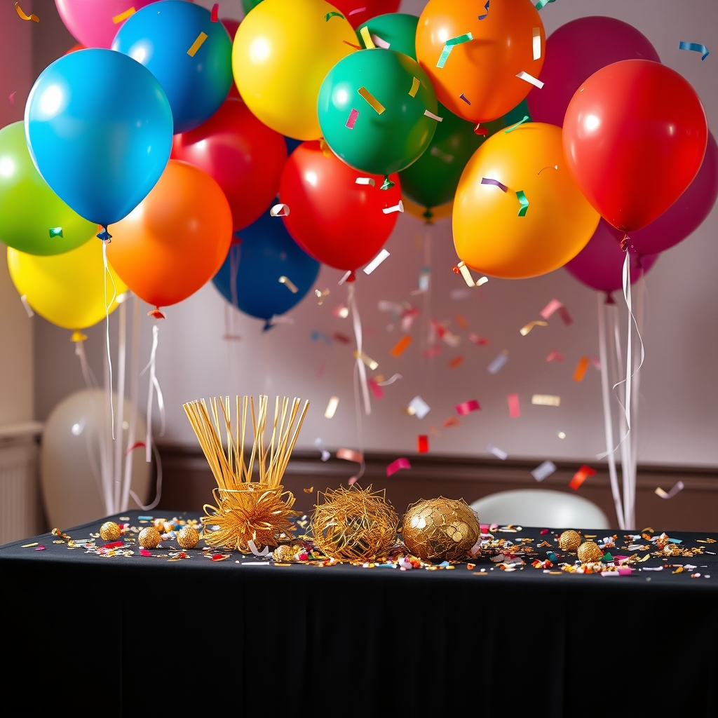 Vibrant party scene with colorful balloons and confetti, featuring golden decorations on a dark table.