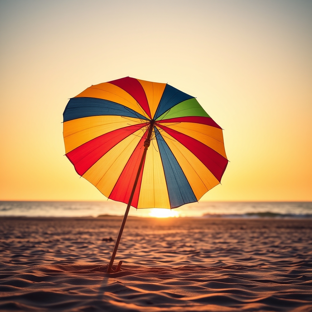 Colorful beach umbrella on sandy shore at sunset.