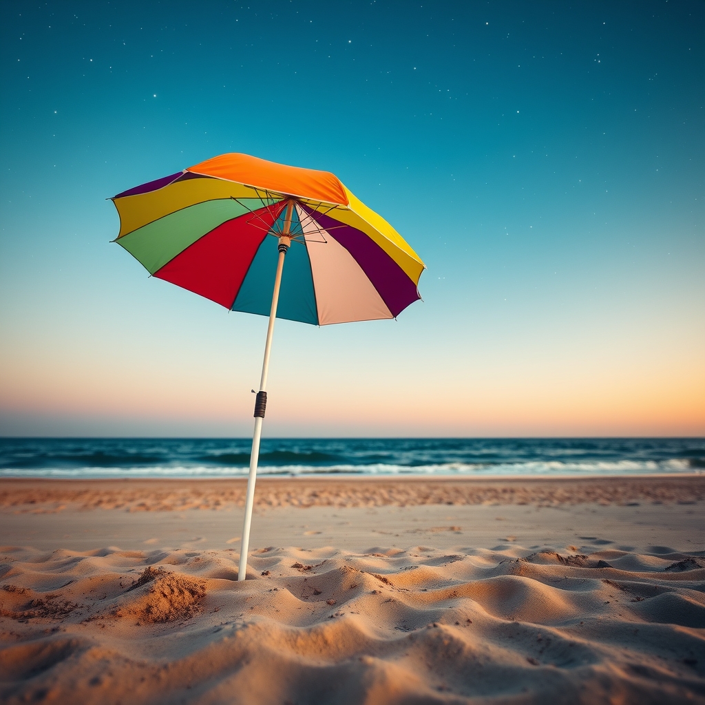 Colorful beach umbrella on sandy shore