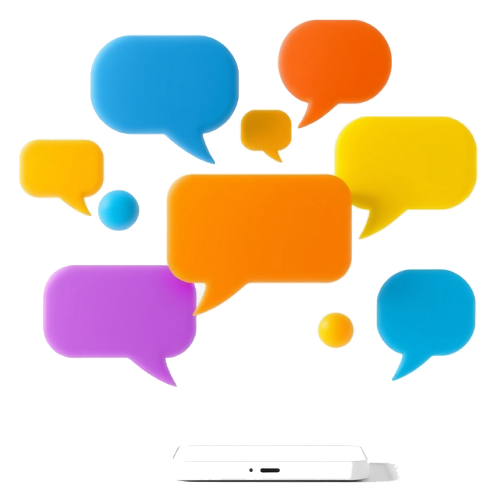 Colorful chat bubbles floating above a white phone screen.
