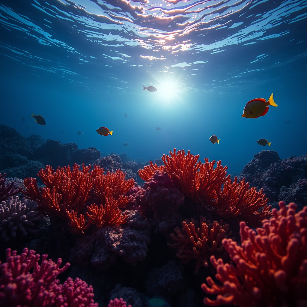 A colorful coral reef scene at dusk, featuring a variety of coral formations and soft lighting.