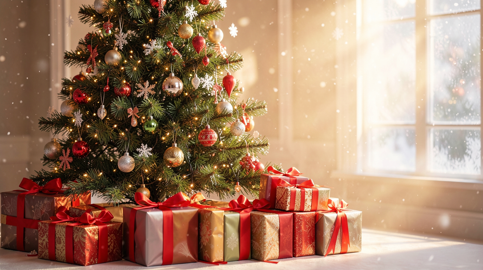 Colorful Gifts Under Christmas Tree at Sunset