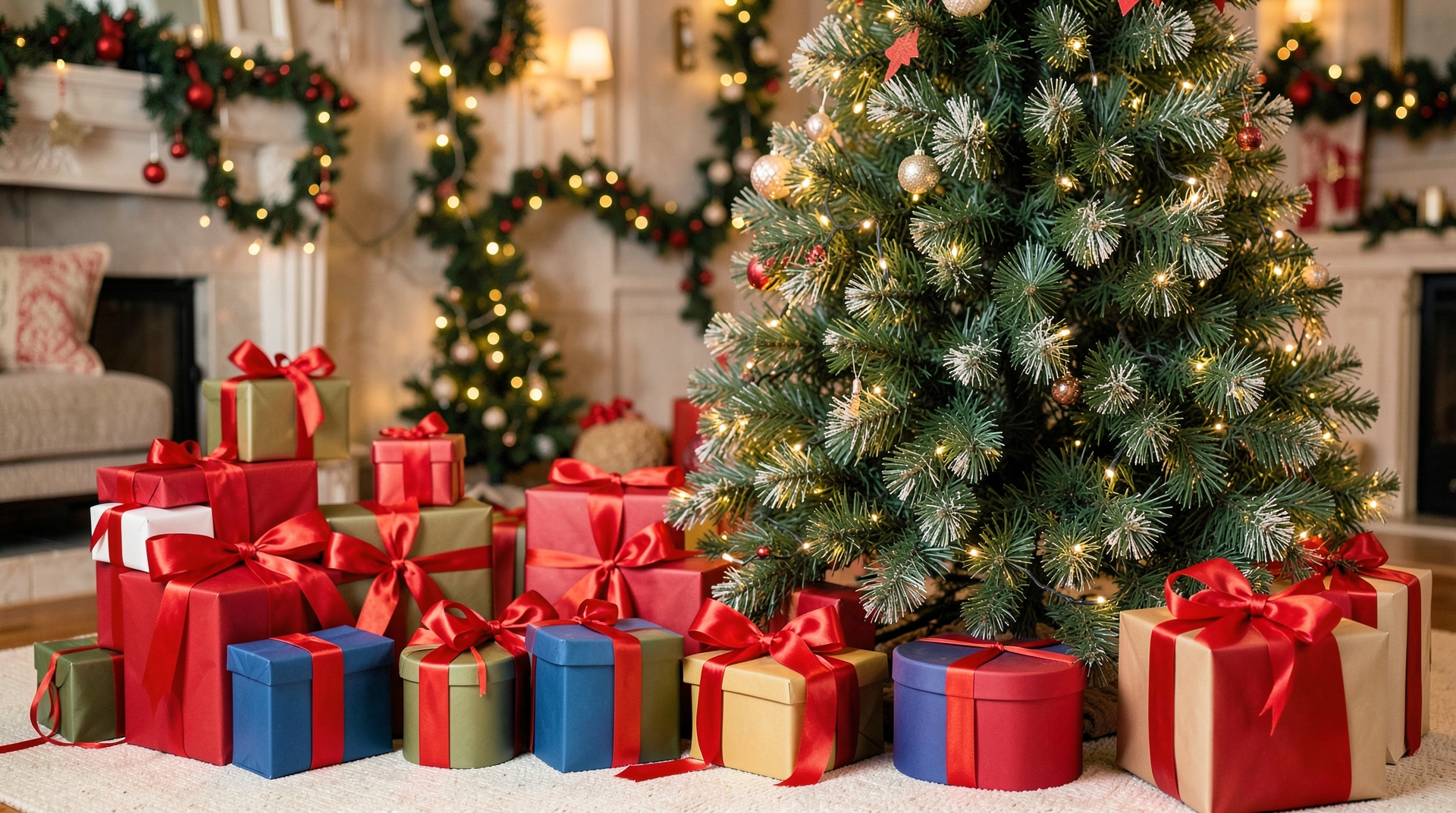 Colorful gifts with red ribbons under a Christmas tree